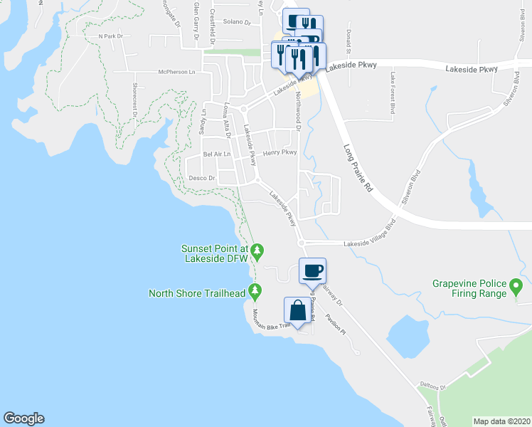 map of restaurants, bars, coffee shops, grocery stores, and more near 2900 Lakeside Parkway in Grapevine