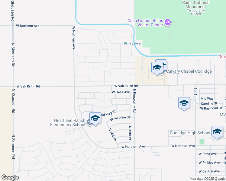 map of restaurants, bars, coffee shops, grocery stores, and more near 1414 West Hess Avenue in Coolidge