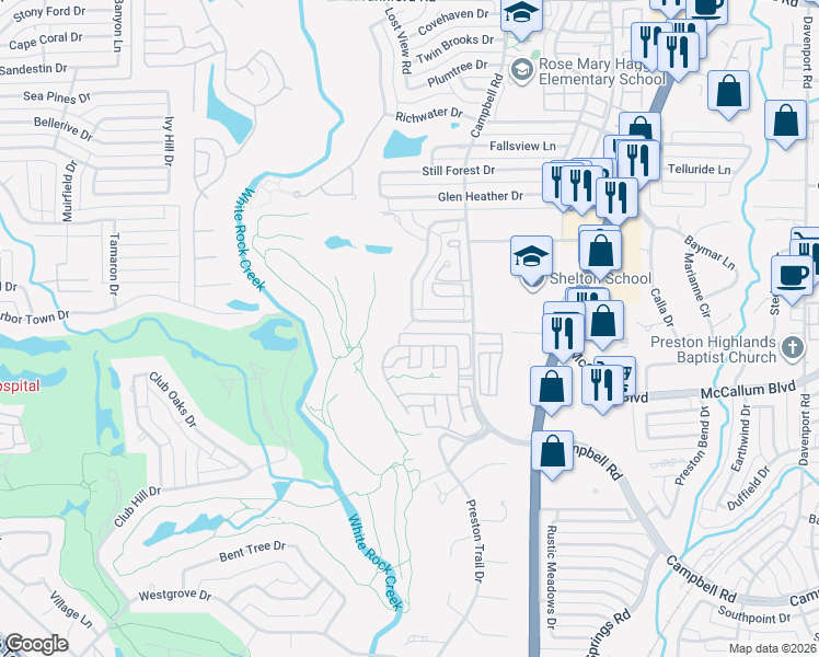 map of restaurants, bars, coffee shops, grocery stores, and more near 5547 Prestwick Lane in Dallas