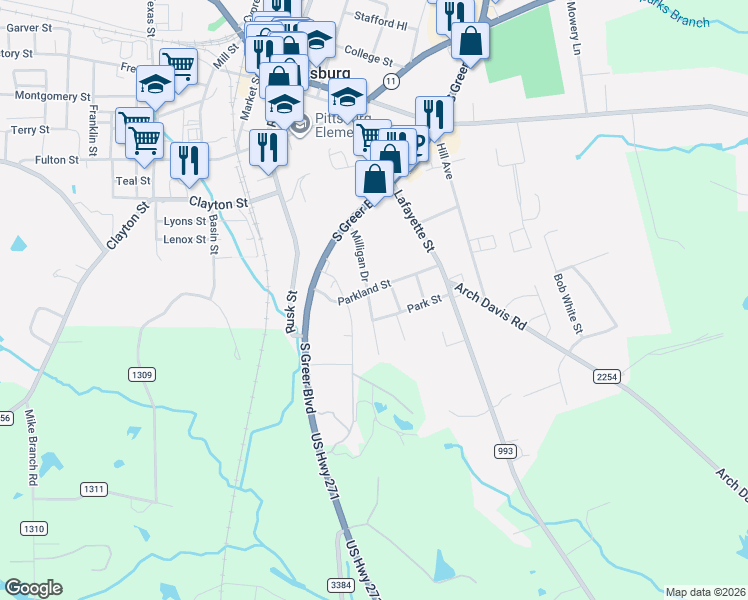 map of restaurants, bars, coffee shops, grocery stores, and more near 407 Milligan Drive in Pittsburg