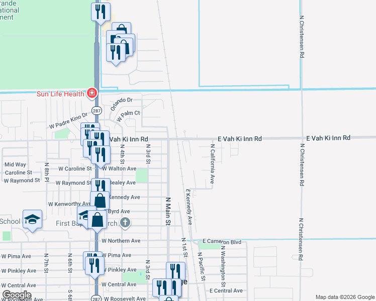 map of restaurants, bars, coffee shops, grocery stores, and more near 900 North Sonora Street in Coolidge
