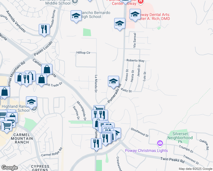 map of restaurants, bars, coffee shops, grocery stores, and more near 15032 Heath Drive in Poway