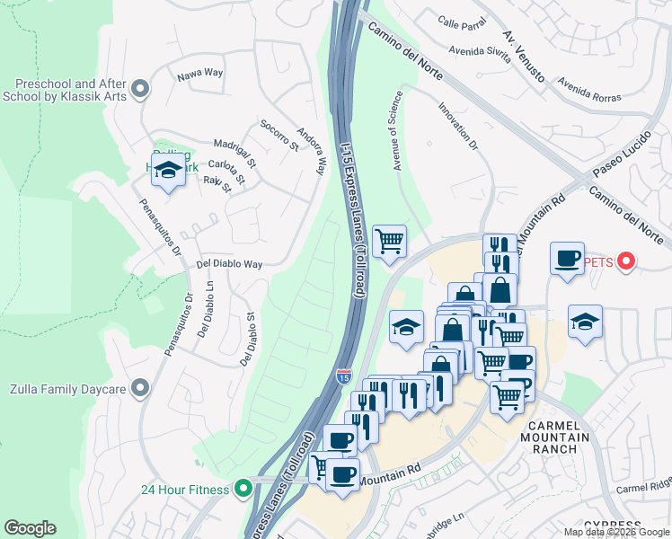 map of restaurants, bars, coffee shops, grocery stores, and more near 13158 Greer Drive in San Diego