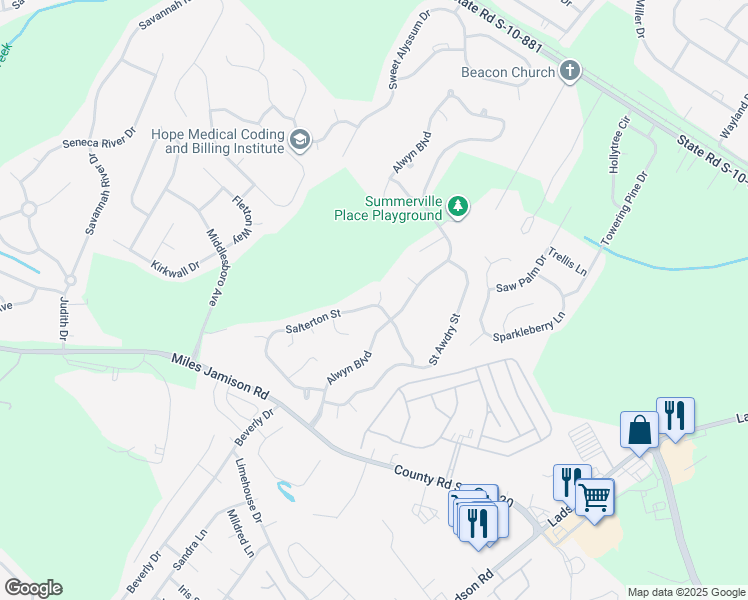 map of restaurants, bars, coffee shops, grocery stores, and more near 101 Ranworth Lane in Summerville