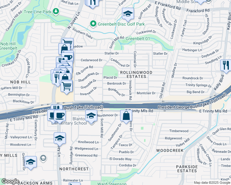 map of restaurants, bars, coffee shops, grocery stores, and more near 2114 Benbrook Drive in Carrollton