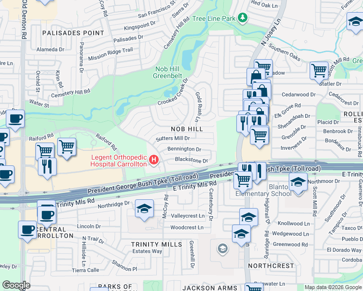 map of restaurants, bars, coffee shops, grocery stores, and more near 1625 Sutters Mill Drive in Carrollton