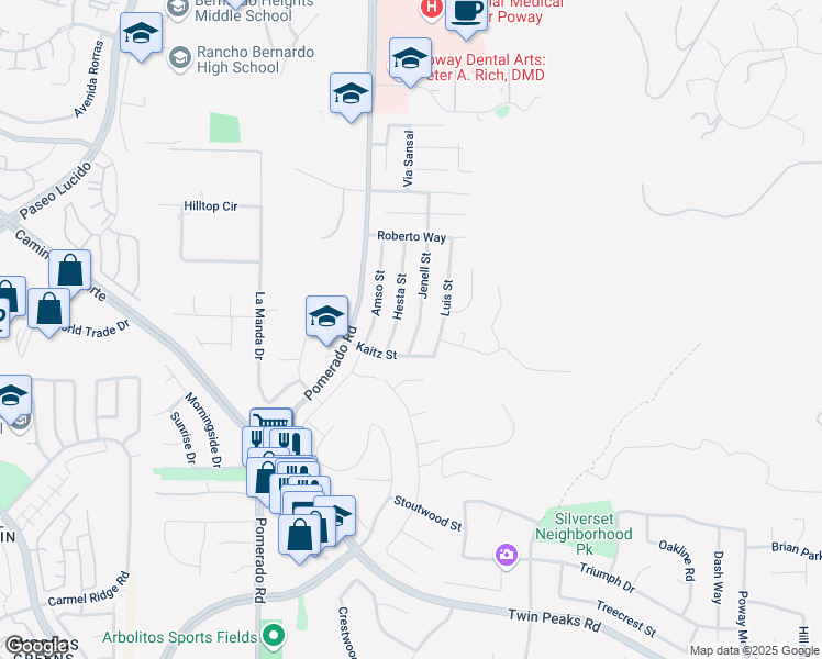 map of restaurants, bars, coffee shops, grocery stores, and more near 15034 Jenell Street in Poway