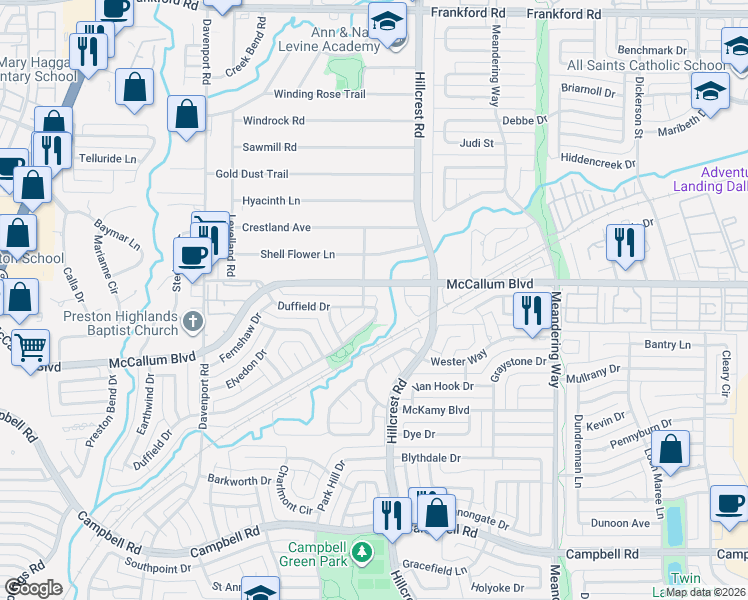 map of restaurants, bars, coffee shops, grocery stores, and more near 6808 McCallum Boulevard in Dallas