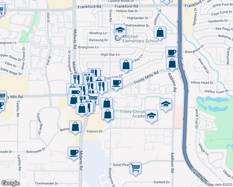 map of restaurants, bars, coffee shops, grocery stores, and more near 4204 Trinity Mills Road in Dallas