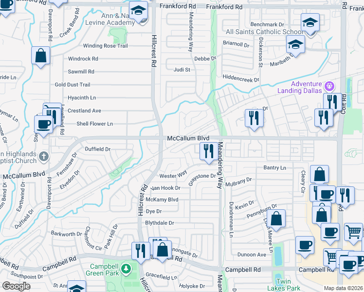 map of restaurants, bars, coffee shops, grocery stores, and more near 7215 Highland Heather Lane in Dallas