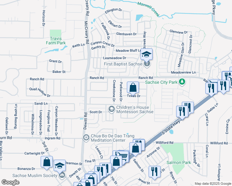 map of restaurants, bars, coffee shops, grocery stores, and more near 7208 Creekstone Drive in Sachse