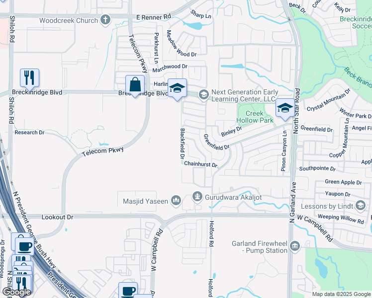map of restaurants, bars, coffee shops, grocery stores, and more near 2995 Marlow Lane in Richardson