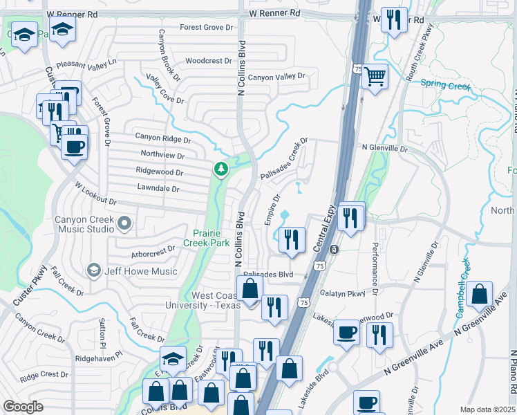 map of restaurants, bars, coffee shops, grocery stores, and more near 2554 Collins Boulevard in Richardson