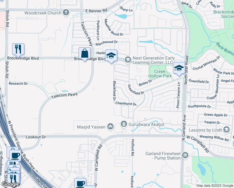 map of restaurants, bars, coffee shops, grocery stores, and more near 2995 Marlow Lane in Richardson