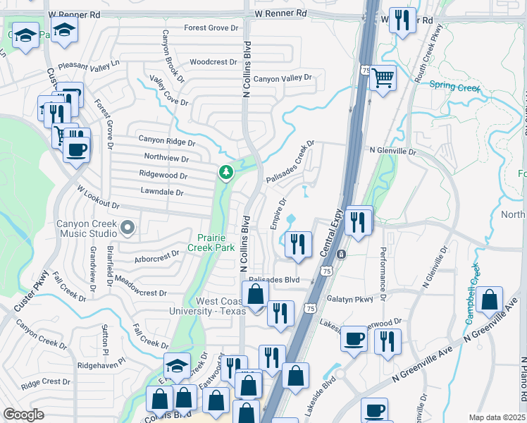 map of restaurants, bars, coffee shops, grocery stores, and more near 2554 Collins Boulevard in Richardson