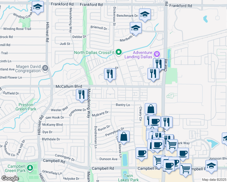 map of restaurants, bars, coffee shops, grocery stores, and more near 7560 McCallum Boulevard in Dallas