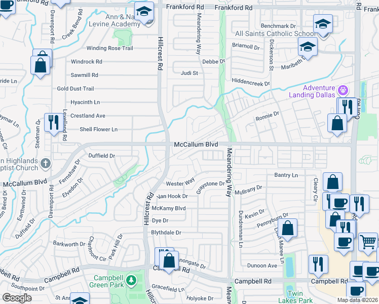 map of restaurants, bars, coffee shops, grocery stores, and more near 7215 Highland Heather Lane in Dallas