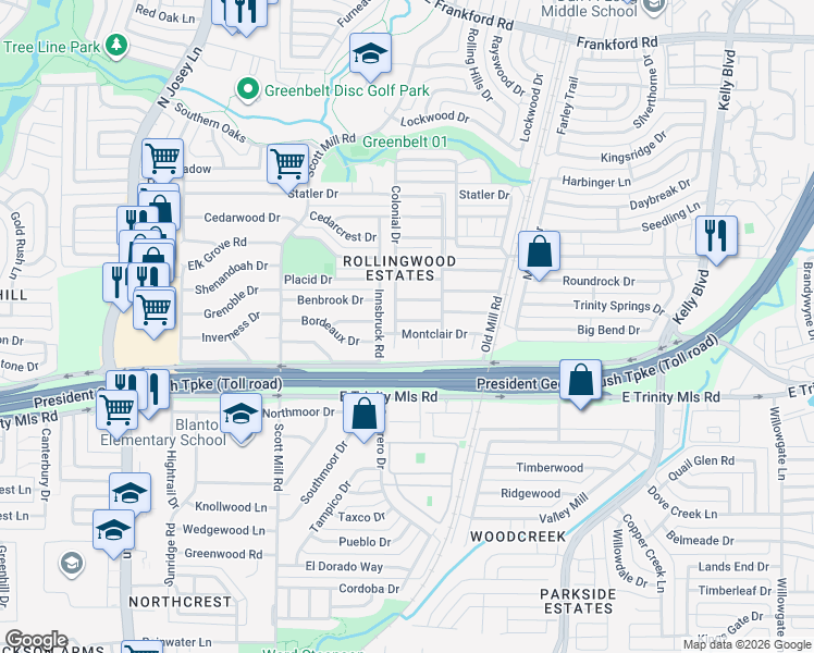 map of restaurants, bars, coffee shops, grocery stores, and more near 2204 Benbrook Drive in Carrollton