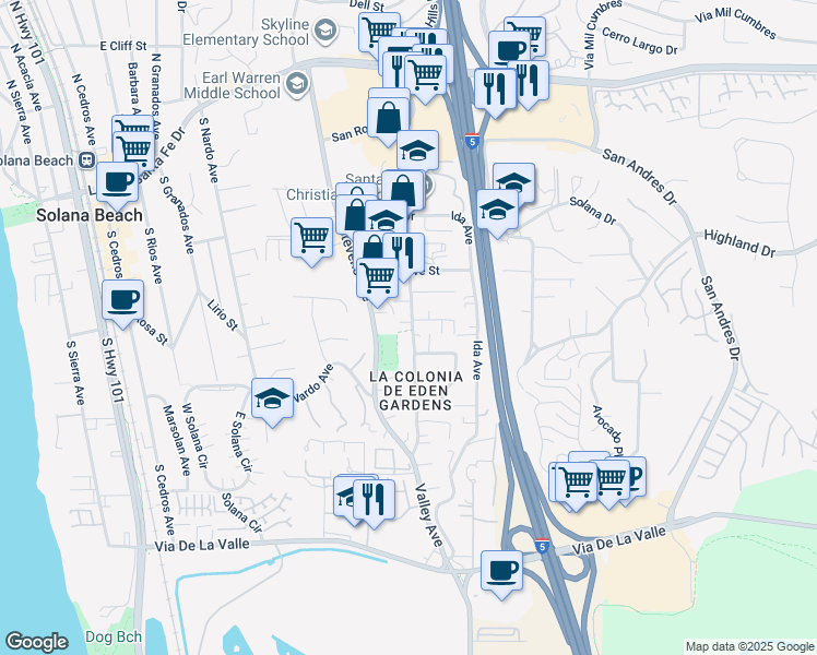 map of restaurants, bars, coffee shops, grocery stores, and more near 701 Valley Avenue in Solana Beach