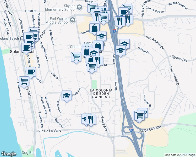 map of restaurants, bars, coffee shops, grocery stores, and more near 701 Valley Avenue in Solana Beach