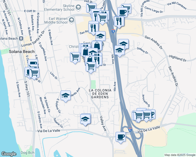 map of restaurants, bars, coffee shops, grocery stores, and more near 644 Valley Avenue in Solana Beach