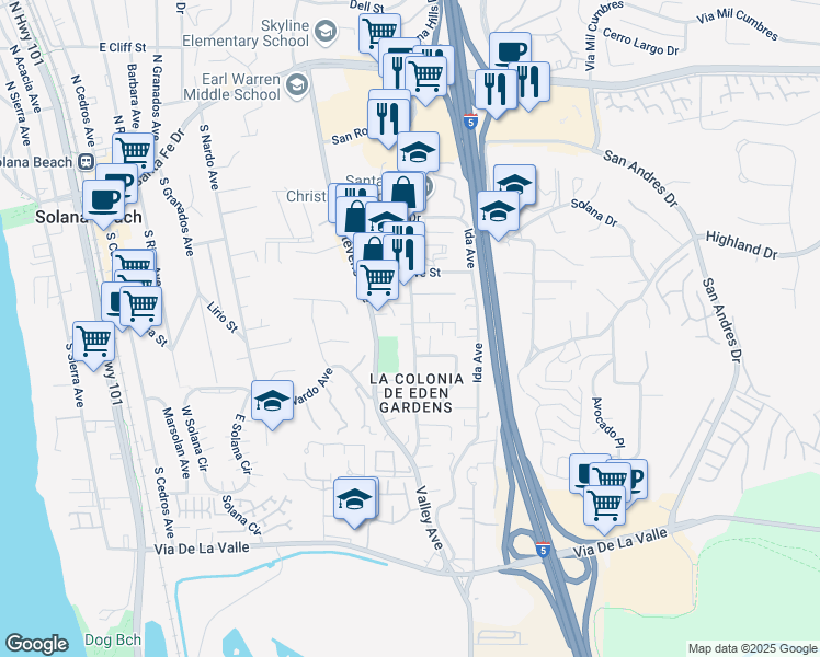 map of restaurants, bars, coffee shops, grocery stores, and more near 644 Valley Avenue in Solana Beach