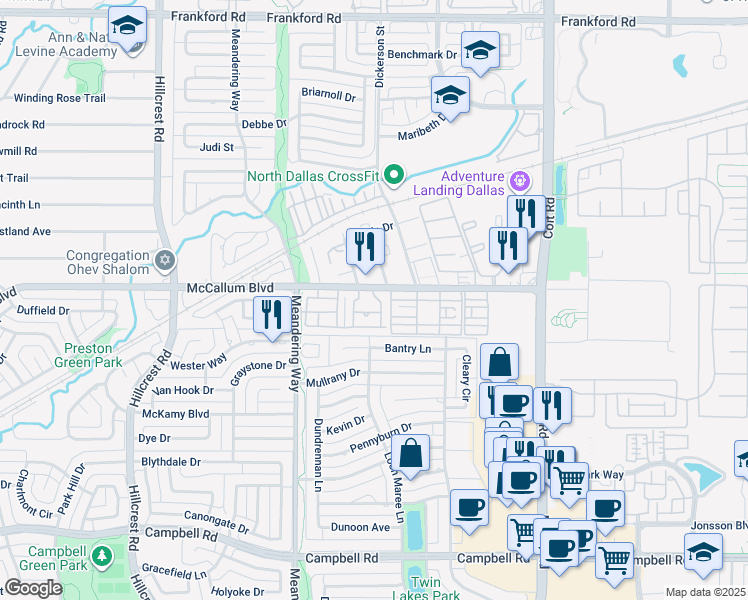 map of restaurants, bars, coffee shops, grocery stores, and more near 7650 McCallum Boulevard in Dallas