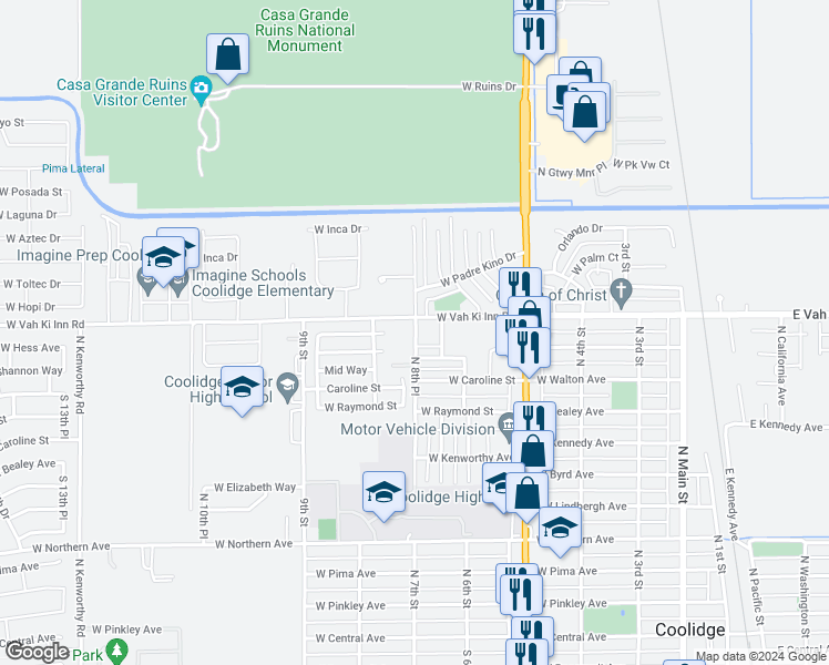 map of restaurants, bars, coffee shops, grocery stores, and more near 1133 North Padre Kino Lane in Coolidge