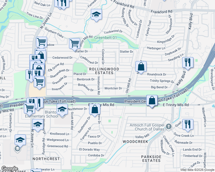 map of restaurants, bars, coffee shops, grocery stores, and more near 2204 Benbrook Drive in Carrollton