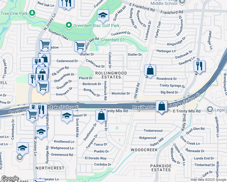 map of restaurants, bars, coffee shops, grocery stores, and more near 2204 Benbrook Drive in Carrollton