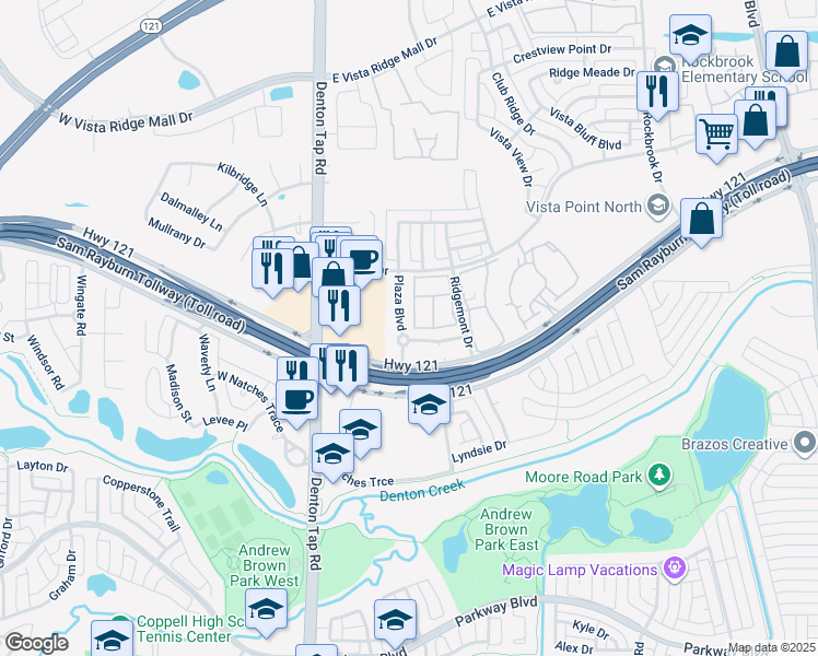 map of restaurants, bars, coffee shops, grocery stores, and more near 2972 Sicily Way in Lewisville