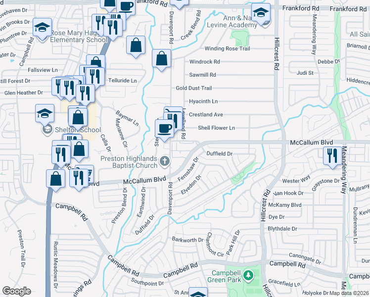 map of restaurants, bars, coffee shops, grocery stores, and more near 7411 Duffield Drive in Dallas