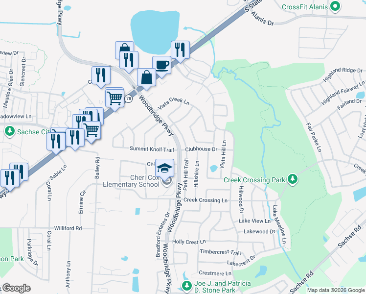 map of restaurants, bars, coffee shops, grocery stores, and more near 7314 Vista Ridge Lane in Sachse