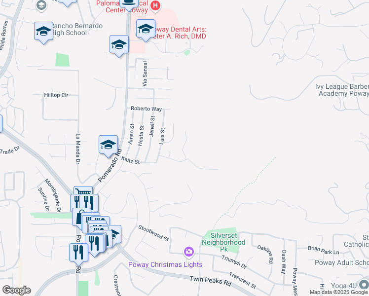 map of restaurants, bars, coffee shops, grocery stores, and more near 15120 Larchmont Street in Poway