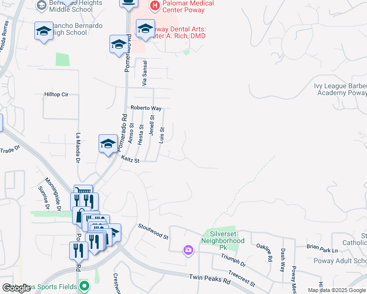 map of restaurants, bars, coffee shops, grocery stores, and more near 15120 Larchmont Street in Poway