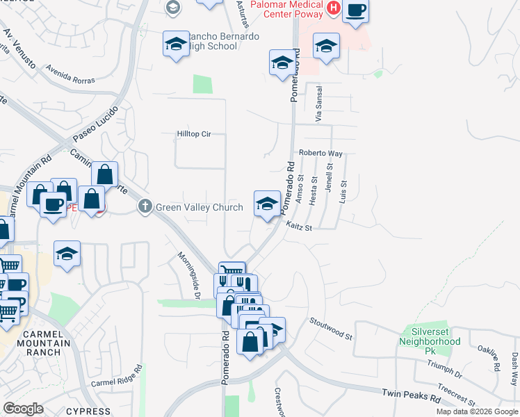 map of restaurants, bars, coffee shops, grocery stores, and more near 15045 Heath Drive in Poway