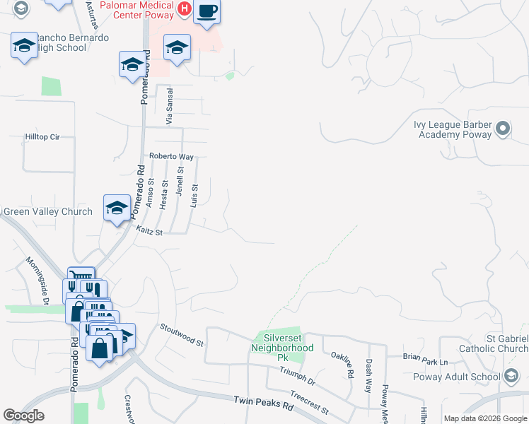 map of restaurants, bars, coffee shops, grocery stores, and more near 15123 Larchmont Street in Poway