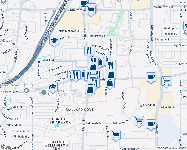 map of restaurants, bars, coffee shops, grocery stores, and more near 3315 East Trinity Mills Road in Carrollton
