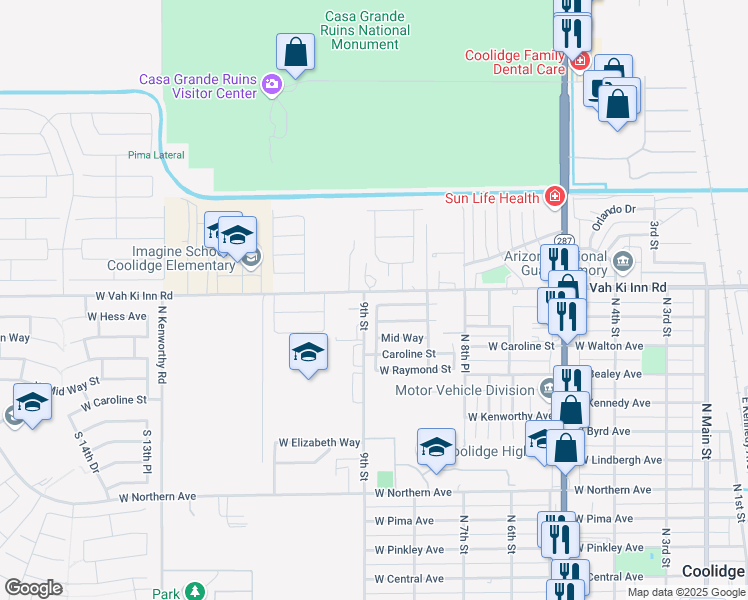 map of restaurants, bars, coffee shops, grocery stores, and more near 820 West Hess Avenue in Coolidge