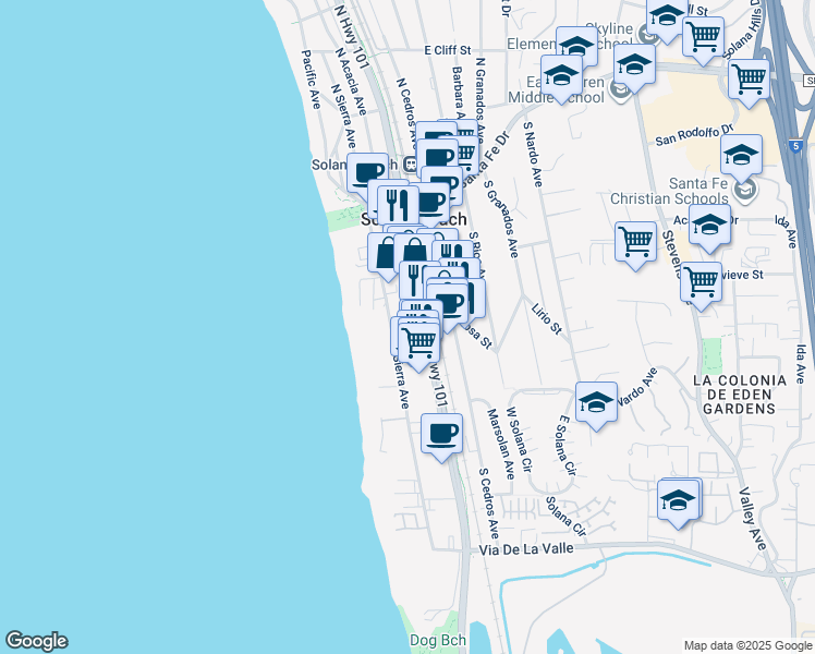 map of restaurants, bars, coffee shops, grocery stores, and more near 329 Highway 101 in Solana Beach
