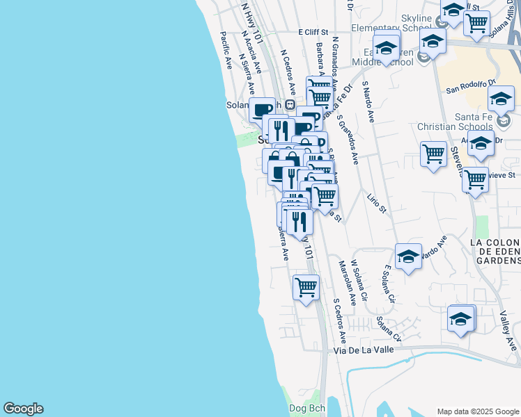 map of restaurants, bars, coffee shops, grocery stores, and more near 245 South Helix Avenue in Solana Beach