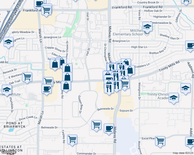 map of restaurants, bars, coffee shops, grocery stores, and more near 3930 Accent Drive in Dallas