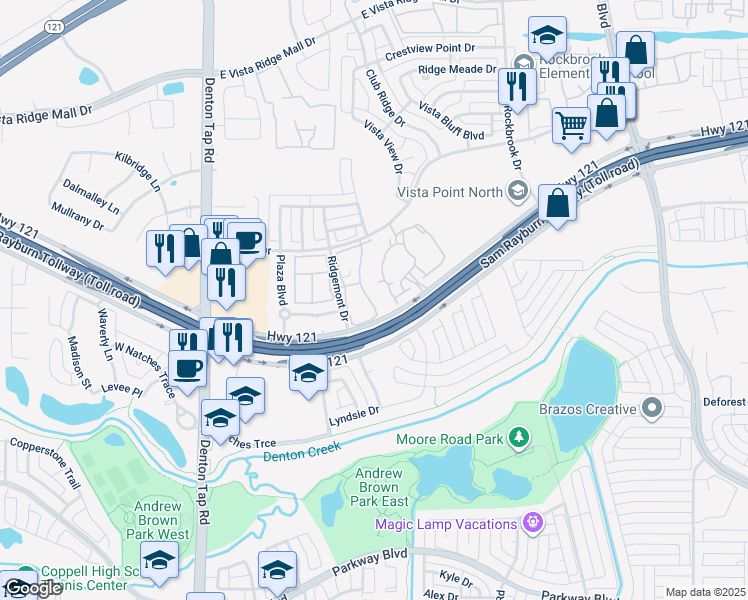 map of restaurants, bars, coffee shops, grocery stores, and more near 23 Prestwick Lane in Lewisville