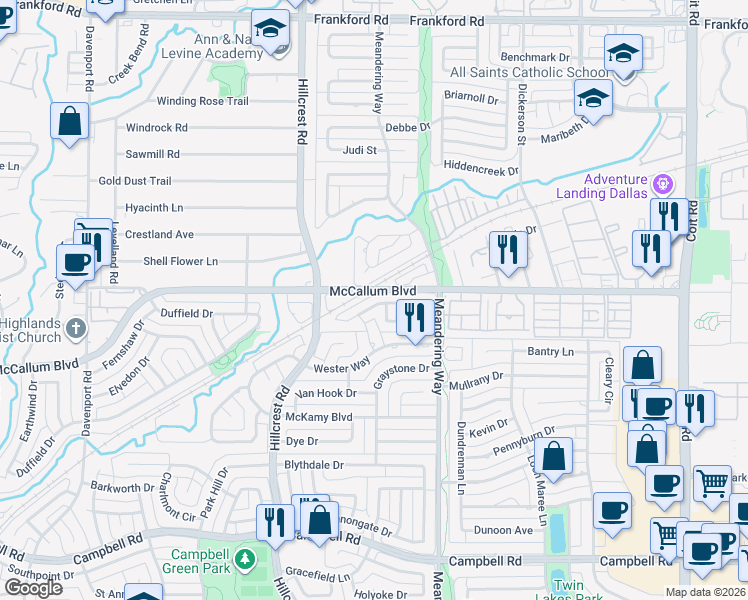map of restaurants, bars, coffee shops, grocery stores, and more near 7215 Highland Heather Lane in Dallas