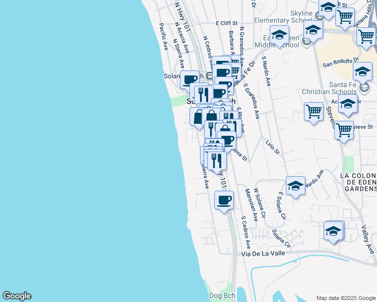 map of restaurants, bars, coffee shops, grocery stores, and more near 325 South Sierra Avenue in Solana Beach