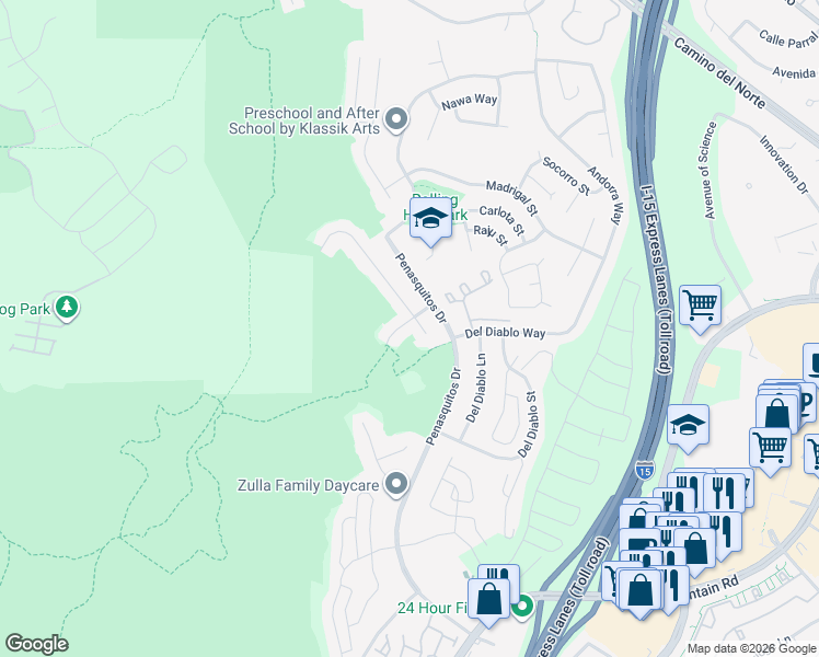 map of restaurants, bars, coffee shops, grocery stores, and more near 11049 Avenida Maria in San Diego
