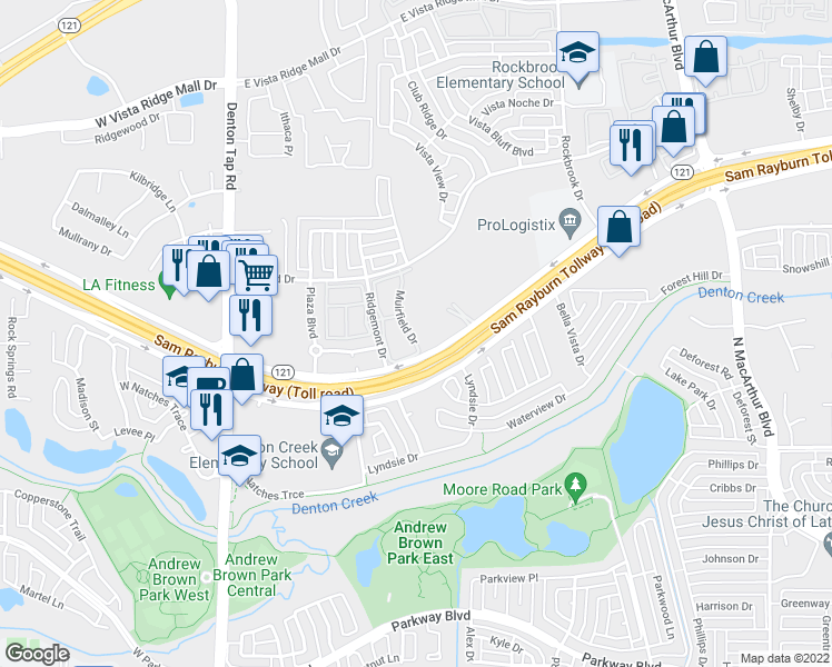 map of restaurants, bars, coffee shops, grocery stores, and more near 23 Prestwick Lane in Lewisville