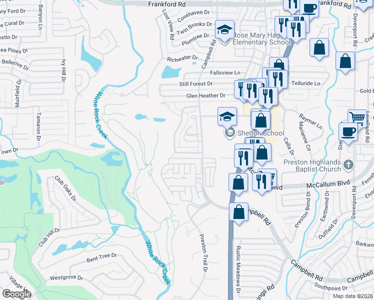 map of restaurants, bars, coffee shops, grocery stores, and more near 5819 Coolwater Cove in Dallas
