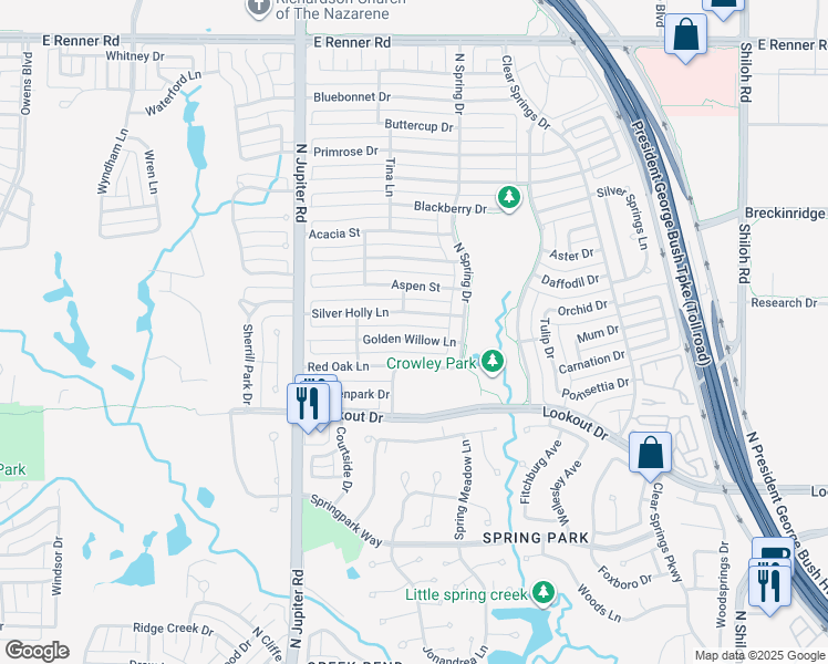 map of restaurants, bars, coffee shops, grocery stores, and more near 2402 Silver Holly Lane in Richardson