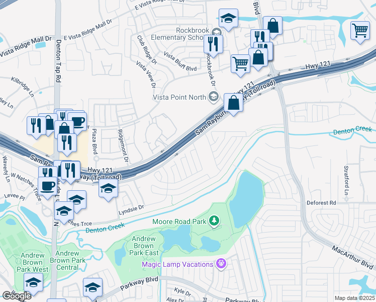 map of restaurants, bars, coffee shops, grocery stores, and more near 736 Cresthaven Road in Coppell
